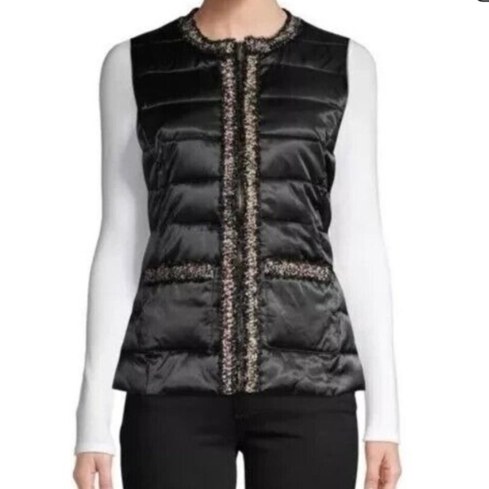 Karl Lagerfeld Paris Women’s Black Down Puffer Vest with Tweed Trim Size XS